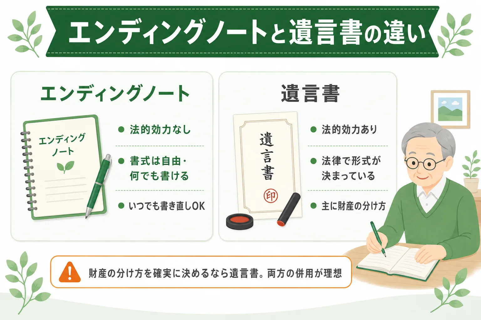 エンディングノートと遺言書の違いの比較図解。エンディングノートは法的効力なし・書式自由・いつでも書き直しOK、遺言書は法的効力あり・法律で形式が決まっている・主に財産の分け方