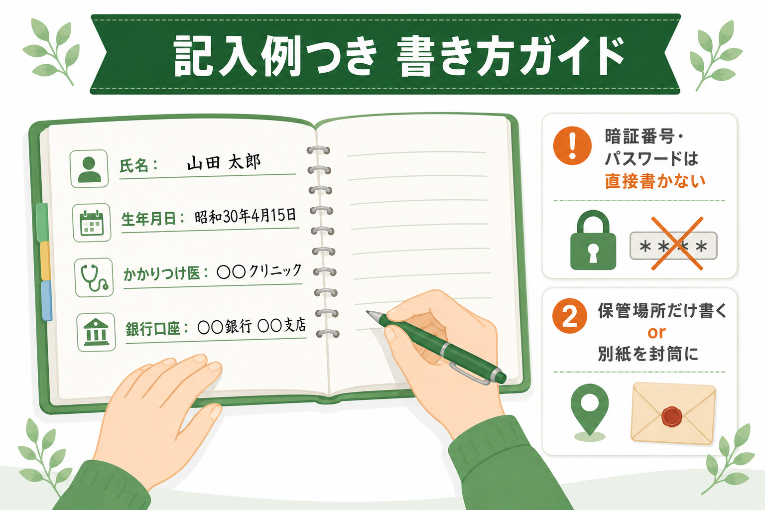 エンディングノートの記入例つき書き方ガイドの図解。氏名・生年月日・かかりつけ医・銀行口座の記入例と、暗証番号やパスワードは直接書かないという注意点