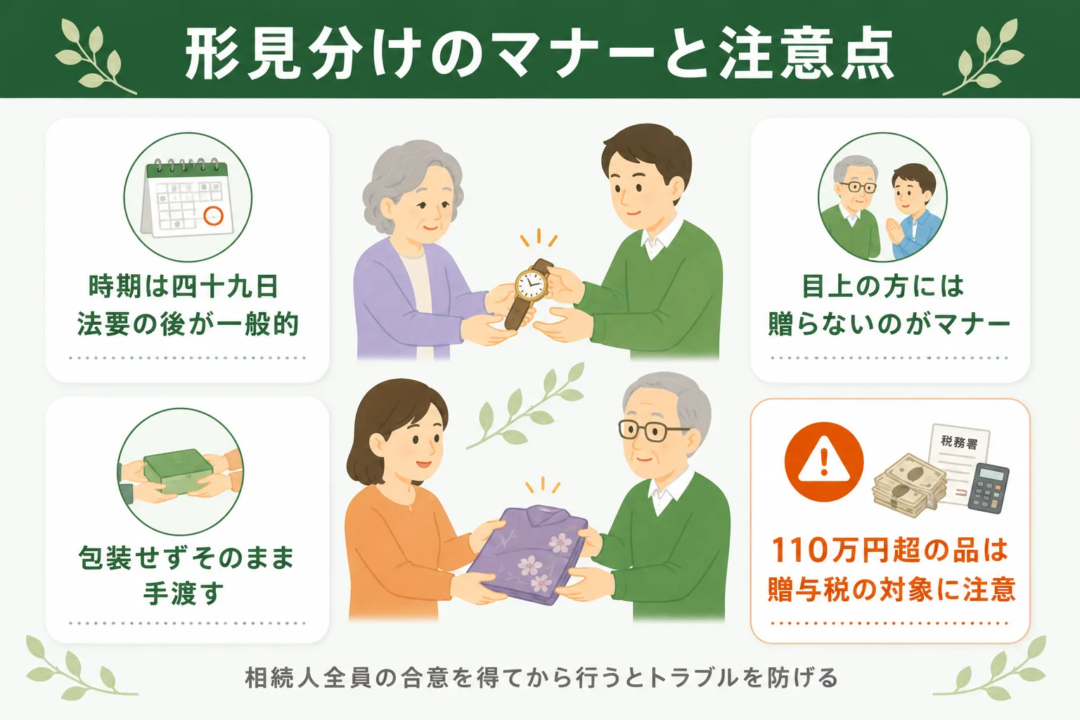 形見分けのマナーと注意点：四十九日後・目上の方には贈らない・包装せず手渡し・110万円超は贈与税に注意