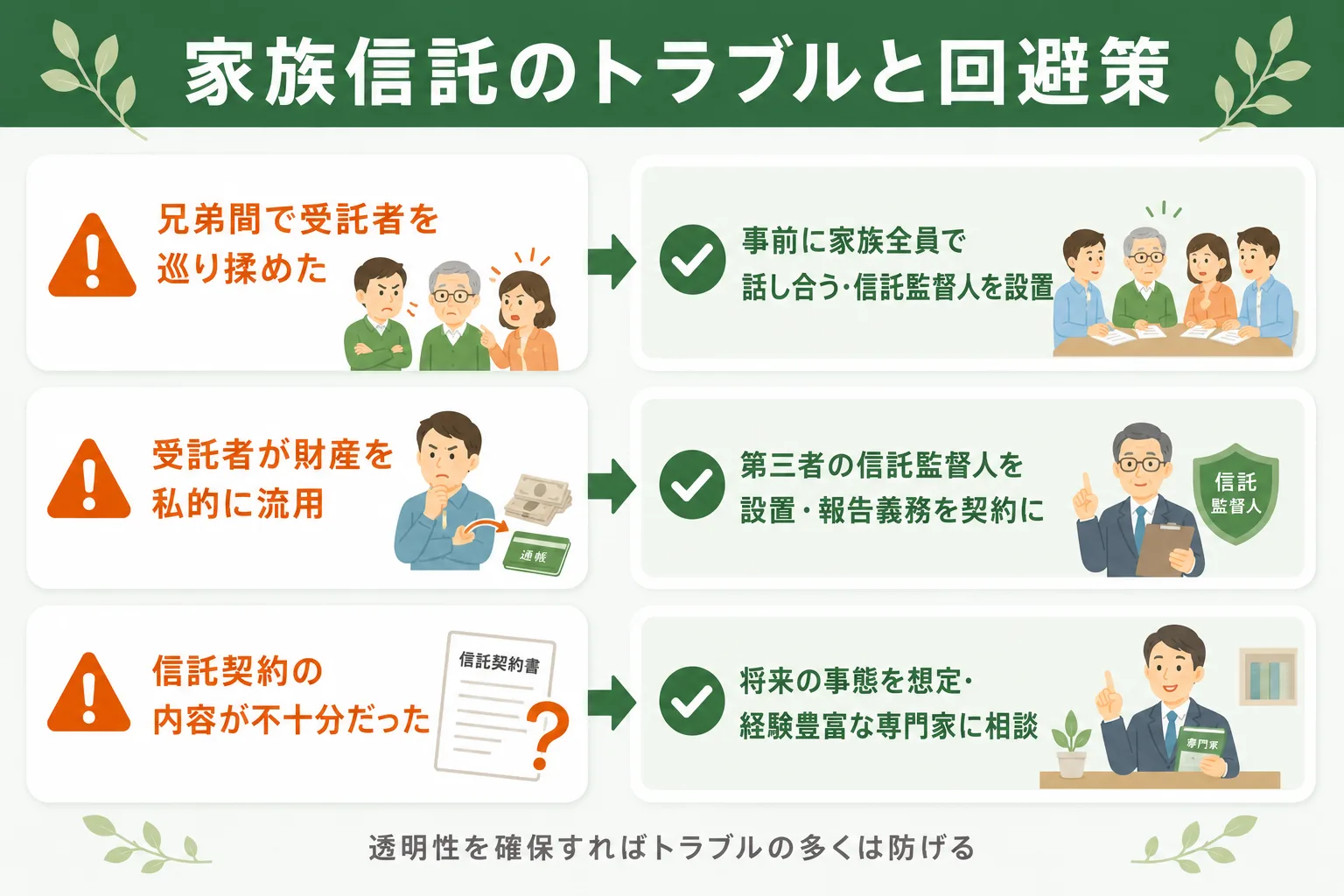 家族信託のトラブル事例と回避策｜信託監督人の設置など3つの対策をまとめた図解