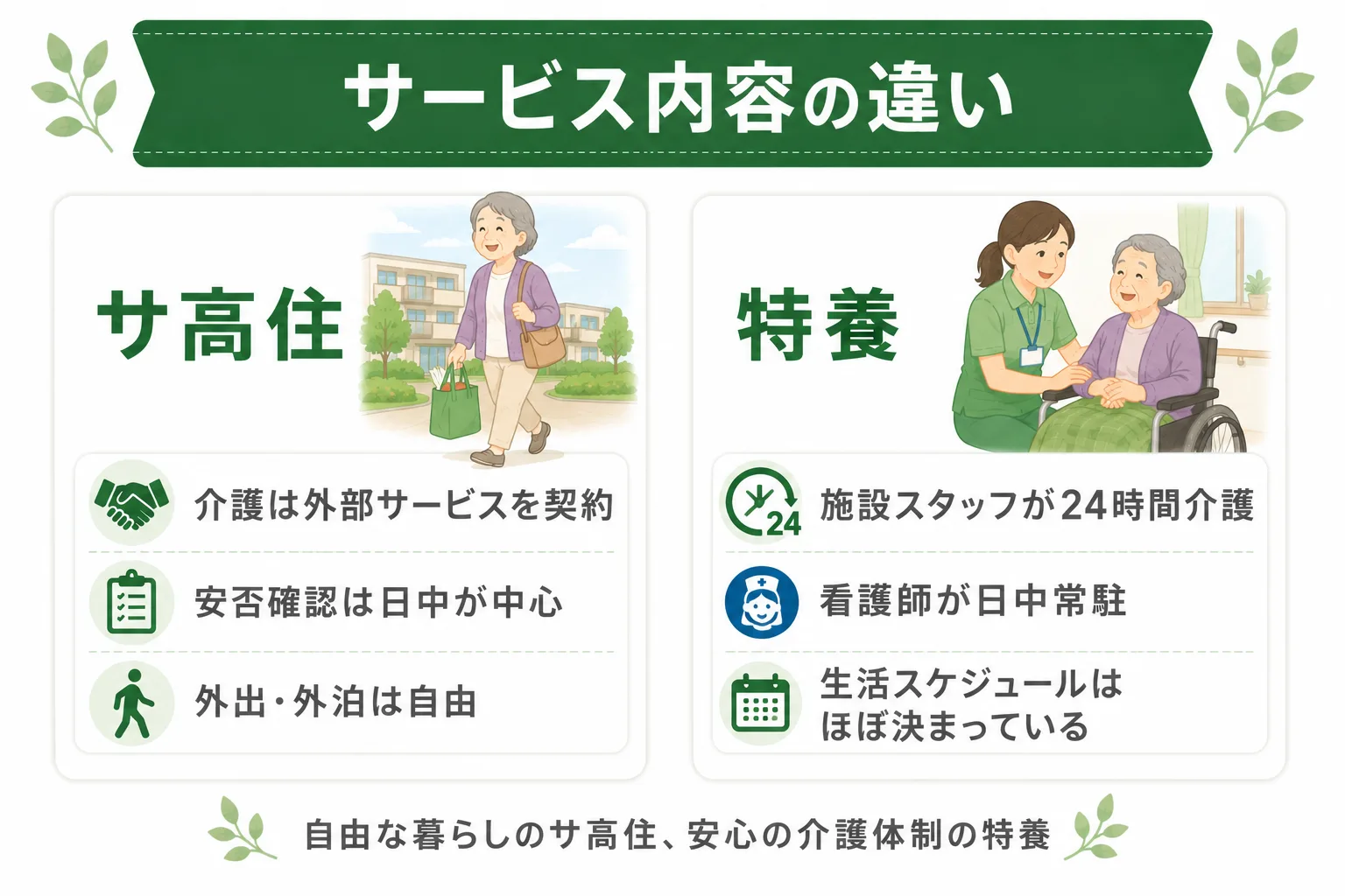 サービス内容の違い。サ高住は外部サービス契約で外出自由、特養は施設スタッフが24時間介護し看護師が日中常駐