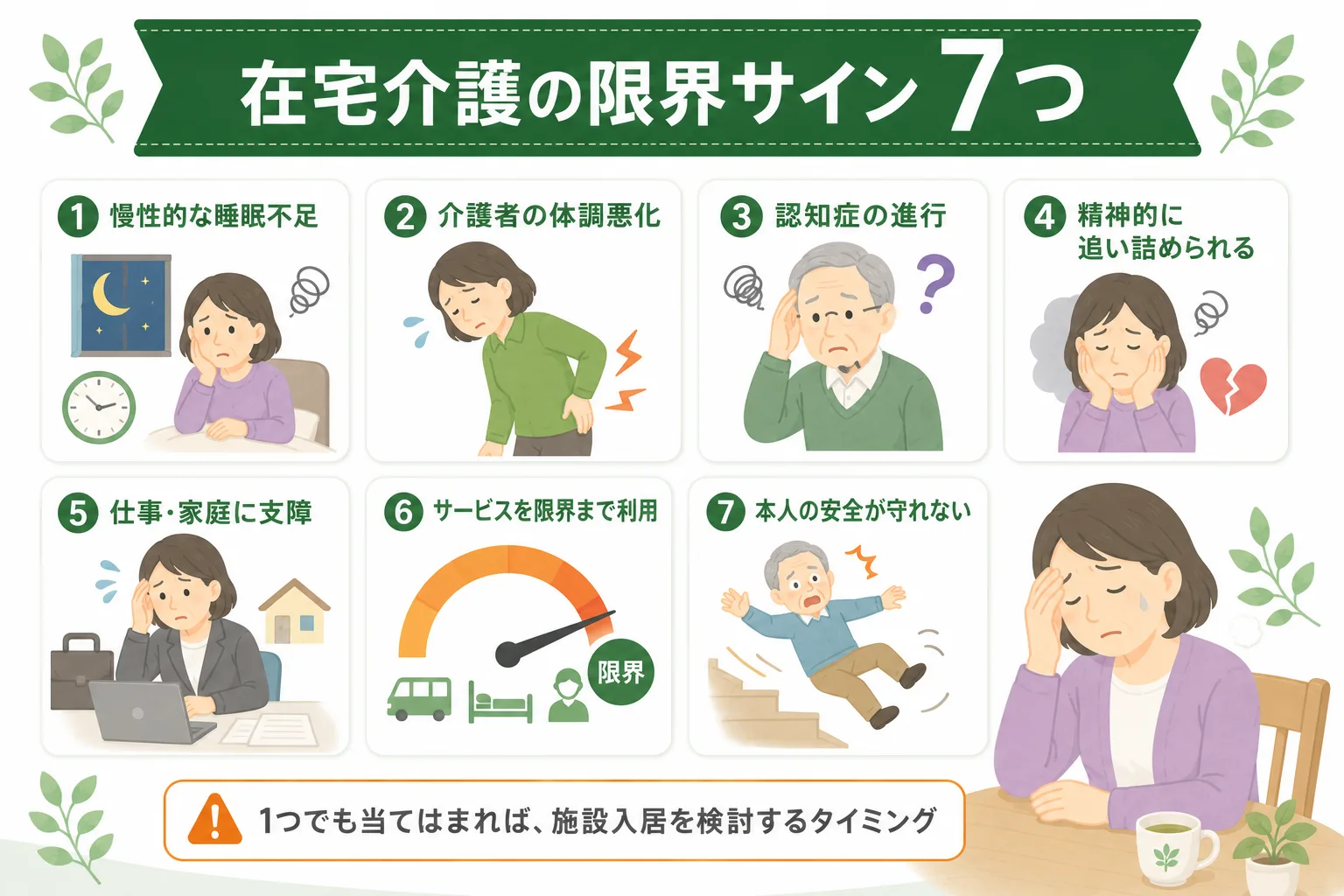 在宅介護の限界サイン7つの図解。慢性的な睡眠不足・介護者の体調悪化・認知症の進行・精神的に追い詰められる・仕事や家庭に支障・サービスを限界まで利用・本人の安全が守れない
