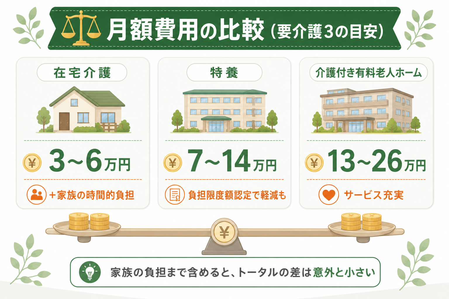 在宅介護と施設介護の月額費用比較の図解（要介護3の目安）。在宅介護3〜6万円＋家族の時間的負担、特養7〜14万円、介護付き有料老人ホーム13〜26万円