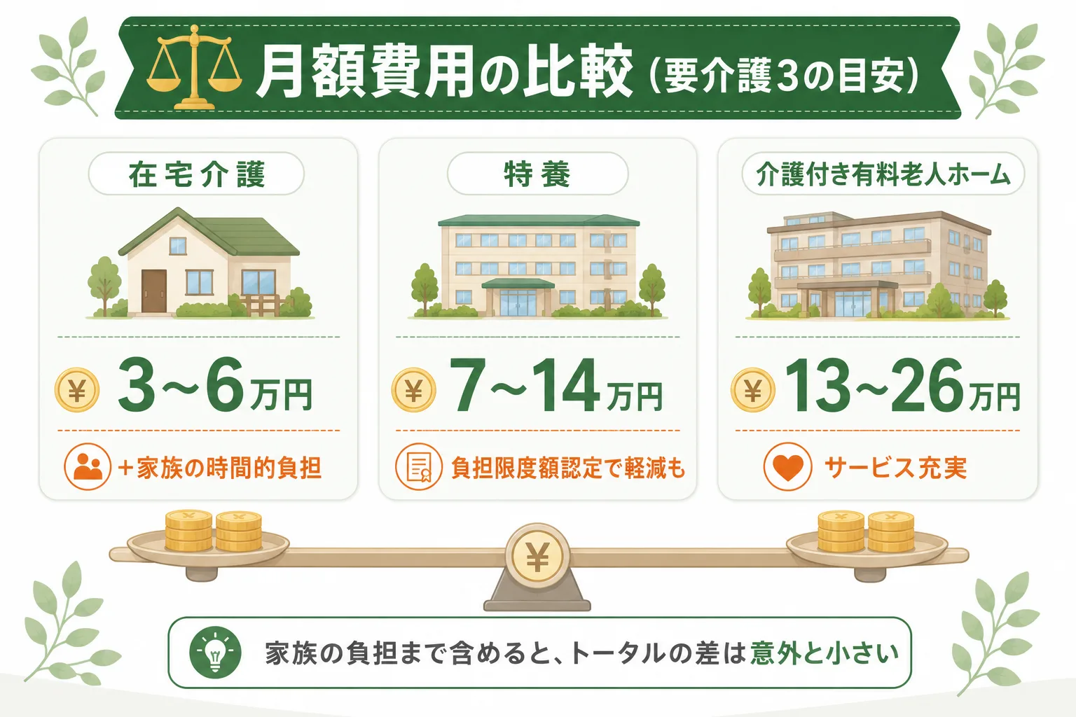 在宅介護と施設介護の月額費用比較の図解（要介護3の目安）。在宅介護3〜6万円＋家族の時間的負担、特養7〜14万円、介護付き有料老人ホーム13〜26万円